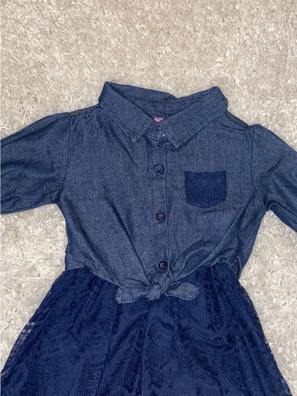 Girls' Navy Shirt-Style Dress with Lace Skirt - Picture 2 of 2